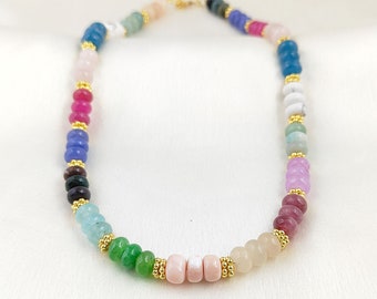 Multi Color Beaded Necklace - Rainbow Color Rondelle Bead Necklace - Colorful Smooth Gemstone Necklace - Beachy Necklace - Selling Per Piece