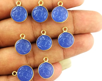 Chalcedony Carving Flower Design Pendant - Blue Chalcedony 10mm Round Shape Gold Plated Bezel Charms Pendant - Selling by Piece
