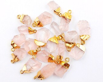 Rose Quartz Fine Quality Pink Color Gemstone Pendant, Gold Electroplated Raw Oct Birthstone Charms For Making Earring, Selling Per Piece