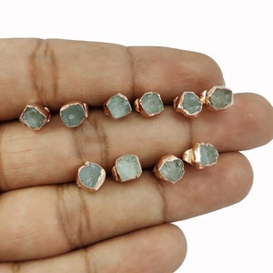 Aquamarine Raw Gemstone Tiny Stud Earring - Rose Gold Electroplated Stud - March Birthstone Stud Earring