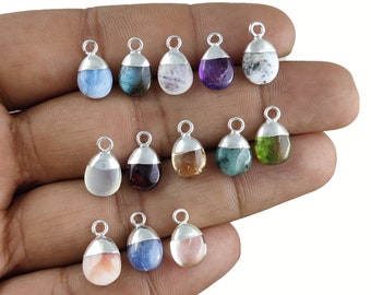 Semi Precious Gemstone Smooth Tumble Charm - Gemstone Silver Electroplated Cap Charms - Selling Per Piece