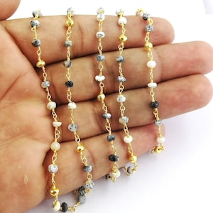 Dendrite & Golden Pyrite Gemstone Rosary Beaded Chain - Faceted Rondelle Bead Chain - Necklace Chain - Selling Per Feet