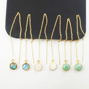 Hexagon Gemstone Threader Earrings - Gold Vermeil Gemstone Bezel Threader - Long Chain Earrings Jewelry - Selling Per Pair