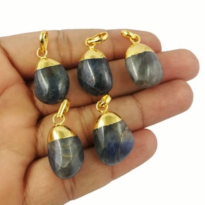 Blue Sapphire Gemstone Smooth Tumble Pendant - Sapphire September Birthstone Gold Electroplated Cap Charms Pendant - Selling Per Piece