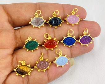 Natural Gemstone Evil Eye Pendant, 925 Silver Fancy Bezel Eye Carving Marquise Shape Pendant For Making Jewelry Findings, Selling Per Piece