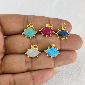 Semi Precious Gemstone Pendant 925 Silver Gold Vermeil Evil Eye Carving Fancy Bezel Charm For Earring And Necklace Making