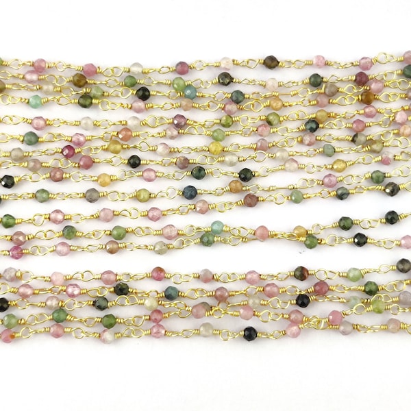 Watermelon Tourmaline 2-2.5mm Faceted Round Gemstone Beaded Chain - Small Gemstone Rosary Chain - Necklace Chain - Selling Per Feet