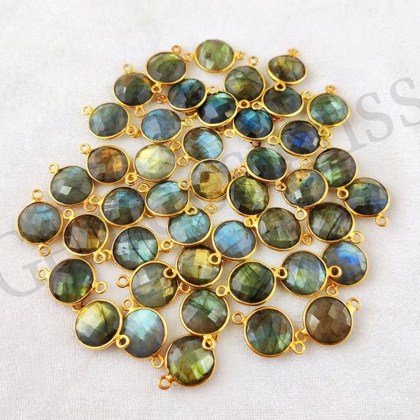 Labradorite Gemstone Round Connector 2 Loop 925 Silver Gold Vermeil Bezel Connector for Making Bracelet Christmas Jewelry Selling Per Piece