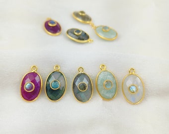 Gemstone Double Stone Pendant, Faceted Gemstone Fashion Jewelry Charms, Evil Eye Pendant - Selling Per Piece