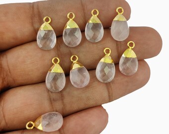 Rose Quartz Pear Shape Gold Cap Gemstone Pendant - 9x13mm Pear Cut Charms For Earring- Selling Per Piece