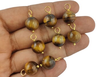 Lucky Tiger Eye Round Charms Pendant - 12mm Round Gold Vermeil Wire Wrapped Gemstone Pendant - bring good luck - Selling Per Piece