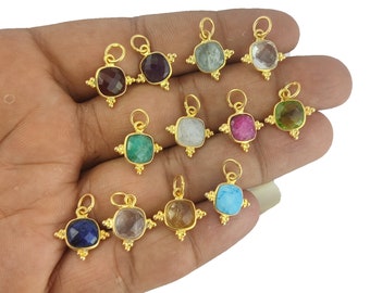 Gemstone Cushion Shape Pendant- Birthstone Gold Plated Fancy Bezel Charms For Earring and Necklace- Selling Per Piece