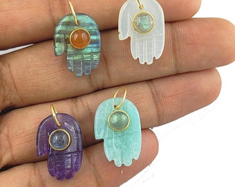 Gemstone Hamsa Hand Pendant - Gold Vermeil Handcarved Charm - Healing Stone Spiritual Pendant - Meaningful Jewelry Gift - Selling Per Piece