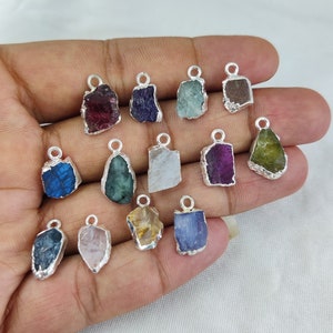 Raw Birthstone Silver Electroplated Edge Pendant, Birthstone Charms, 8-12mm Small Raw Gemstone Charms, Selling Per Piece