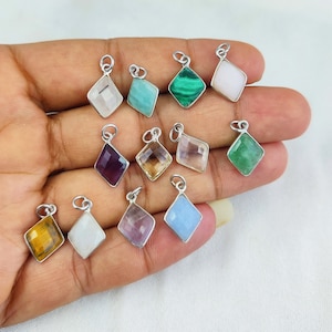 Gemstone Rhombus Shape Faceted Pendant, 925 Silver Diamond Shape Natural Stone Rhodium Plated Charms For Making Jewelry, Selling Per Piece