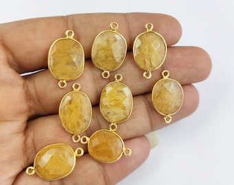 Yellow Aquamarine Gemstone Gold Plated Bezel Set Connectors - Free Form 12mm - 16mm Bezel Connector - 2 Loop Charms - Selling Per Piece