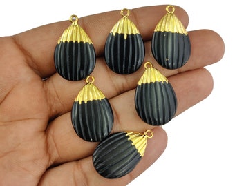 Black Onyx Gemstone Pear Drop Shape Pendant - Gold Electroplated Cap Pendant For Earring and Jewelry Charms- Selling Per Piece