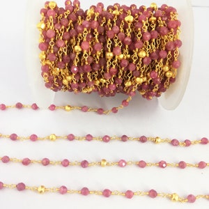 Catena di perline in pietra preziosa di tormalina rosa e pirite dorata - Catena di perline rotonde sfaccettate da 3-3,5 mm - Catena per collana - Vendita al piede