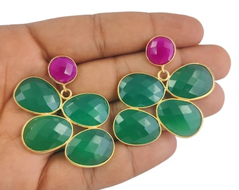 Green Onyx And Hot Pink Chalcedony Gemstone Earrings, Gold Vermeil Earrings, Gemstone Earrings, Earrings For Gift Her, Selling Per Pair