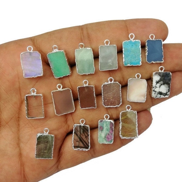 Semi Precious Gemstone Slice Pendant - Tiny Size Silver Edged Gemstone Pendant For Necklace - Selling Per Piece