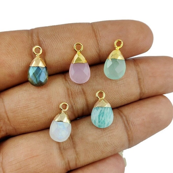 Gemstone Pear Drop Gold Electroplated Cap Gemstone Pendant - 8x12mm Pear Cut Gemstone Charms - Selling Per Piece