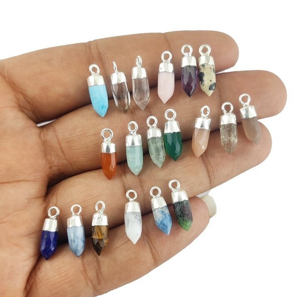 Silver Cap Semi Precious Gemstone Little Spike Charms Pendant - Gemstone Tiny Point Pendants For Earring and Necklace - Selling Per Piece