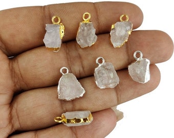 Rose Quartz Electroplated Edge Charm Pendant, October Birthstone Charms, 8-12mm Small Raw Gemstone Charms, Selling Per Piece