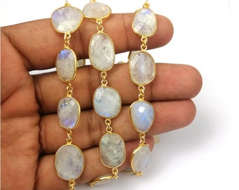 Rainbow Moonstone Gold Plated Bezel Connector Chain - Freeform Size Faceted Gemstone Connector Chain - Selling Per Foot