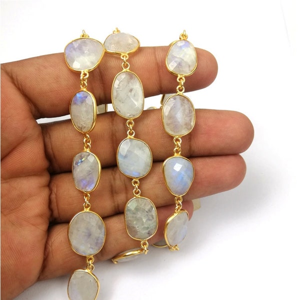 Rainbow Moonstone Gold Plated Bezel Connector Chain - Freeform Size Faceted Gemstone Connector Chain - Selling Per Foot