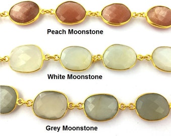 Moonstone Gemstone Bezel Connector Chain - Peach, White and Grey Moonstone Freeform Size Faceted Gemstone Connector Chain - Selling Per Foot