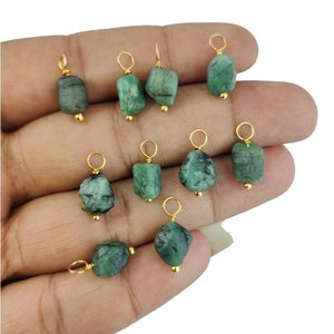 Emerald Raw Gemstone Gold Plated Wire Wrapped Pendant, 7mm to 10mm Small April Birthstone Charms, Selling Per Piece