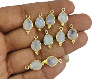 Blue Flash Rainbow Moonstone Gemstone Pear Cut Fancy Gold Vermeil Bezel Pendant - Tiny Pear Faceted Gemstone Charms - Selling Per Piece