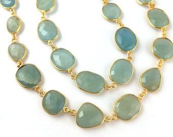 Natural Aquamarine Gemstone Gold Plated Bezel Connector Chain - Freeform Size Faceted Gemstone Connector Chain - Selling Per Foot