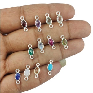 Birthstone Oval Sterling Silver Bezel Charms Connector - Tiny 4x6mm Faceted Oval Charms, Multi- Gemstomne Connectors- Selling Per Piece