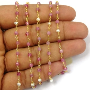 Roze toermalijn en parel edelsteen kralenketting - 3-3,5 mm gefacetteerde ronde kralenketting - kettingketting - verkoop per voet