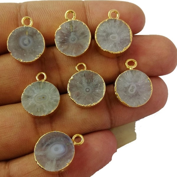 White Solar Quartz Gold Electroplated Charm, 13-14mm Round Solar Druzy Charms, Earring Jewelry Charms, Selling Per Piece