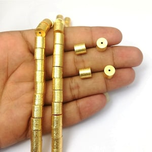 Brushed Gold Plated Drum Shape Bead, Long Cylinder Beads, Selling Per Strand, Gold Plated Barrel Beads, 8 Inch Long Strand