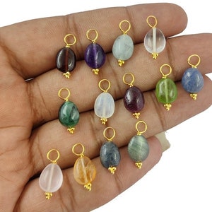 Gemstone Smooth Tumble Charm Pendant - Birthstone Color Gold Vermeil Wire Wrapped Charms - Jewelry Making Charms - Selling Per Piece