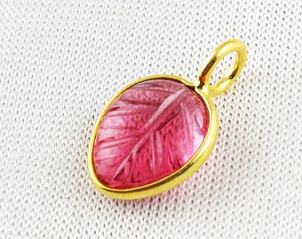 Pink Tourmaline Quartz  Leaf Carving Pendant 925 Silver Gold Vermeil Gemstone Tiny Charm Pendant for Necklace & Bracelet Selling Per Piece