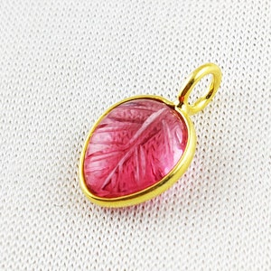 Pink Tourmaline Quartz  Leaf Carving Pendant 925 Silver Gold Vermeil Gemstone Tiny Charm Pendant for Necklace & Bracelet Selling Per Piece