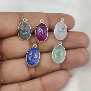 Gemstone Double Stone Pendant, 925 Sterling Silver Bezel Pendants, Gemstone Fashion Jewelry Charms, Selling Per Piece