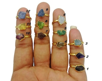 Raw Gemstone Gold Plated Ring, Birthstone Ring, Gold Electroplated Semi Precious Gemstone Ring, Selling Per Piece