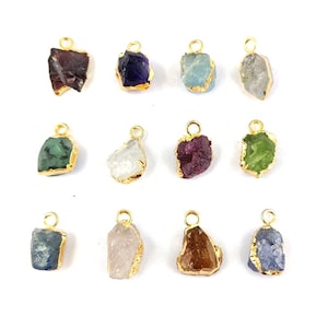 Birthstone Gold Electroplated Edge Charm Pendant, Birthstone Charms, 8-12mm Small Raw Gemstone Charms Jewelry For Gift, Selling Per Piece