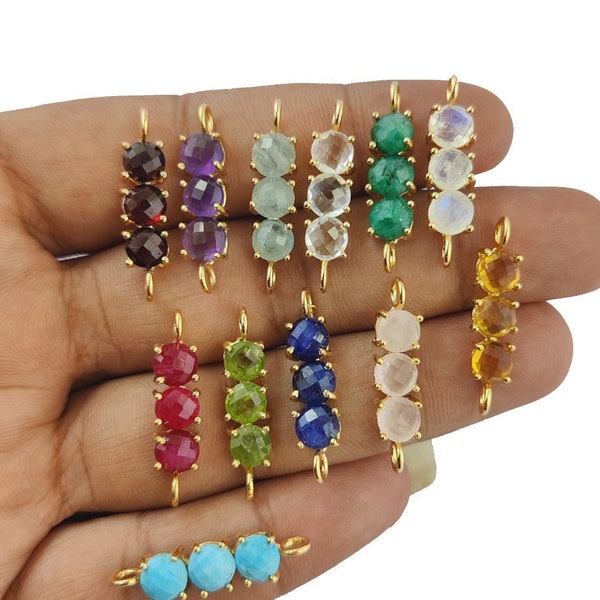 Birthstone Gold Plated Three Stone Set Connector- Gemstone Double Loop Connector- Jewelry Making Connector Charms- Selling Per Piece