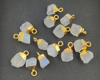 Super Quality Rainbow Moonstone Tiny Raw Gold Electroplated Charm- Raw Gemstone Charms- Pendant For Necklace- Selling Per Piece