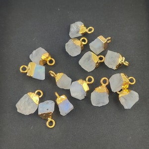 Super Quality Rainbow Moonstone Tiny Raw Gold Electroplated Charm- Raw Gemstone Charms- Pendant For Necklace- Selling Per Piece