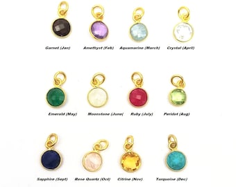 Semi Precious Birthstone Charms Pendant, 6mm Round Small Charms, Gold Plated Bezel Set Gemstone Pendant, Selling Per Piece