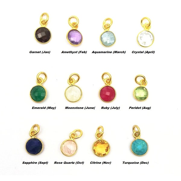 Semi Precious Birthstone Charms Pendant, 6mm Round Small Charms, Gold Plated Bezel Set Gemstone Pendant, Selling Per Piece