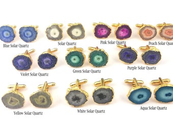 Bouton de manchette en quartz solaire avec pierres précieuses - Boutons de manchette en plaqué or - Parure de bijoux de boutons de manchette en quartz solaire - Vente par paire