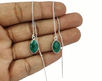 Green Emerald Gemstone Solid Silver Threader Earrings, Threader Earrings, Chain Earrings, Earrings Jewelry, Selling Per Pair